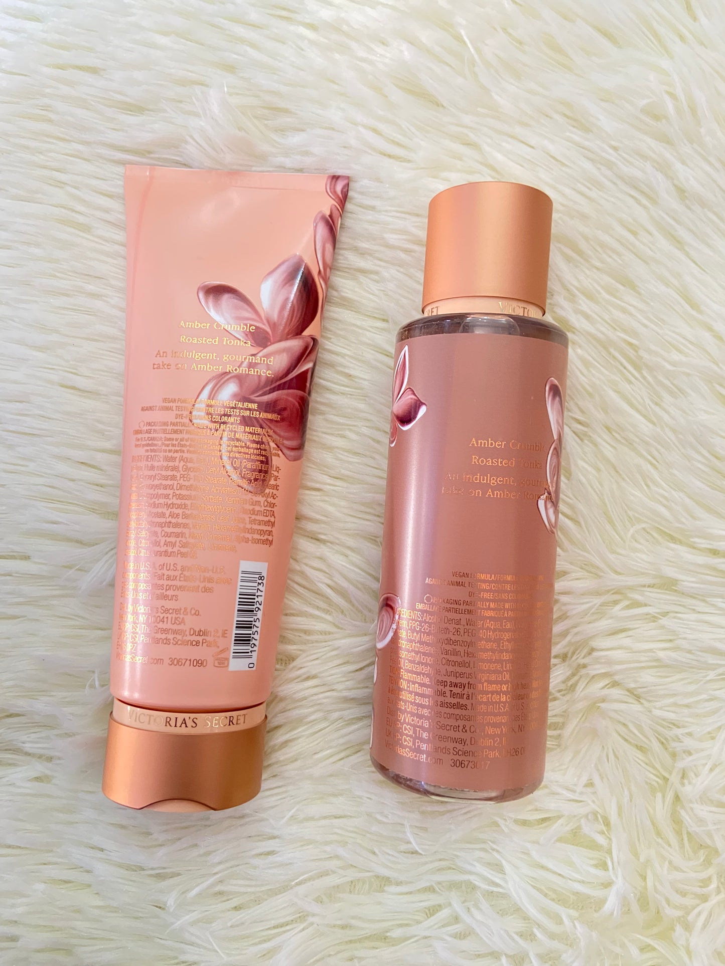 Set Victoria’s Secret original, marron con flores, crema y colonia, AMBER ROMANCE BRÍLÈE.