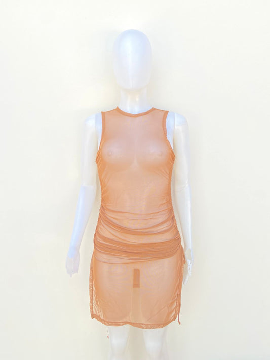 Vestido/ Cover up, marrón ( mocha), transparente y lazo ajustable.