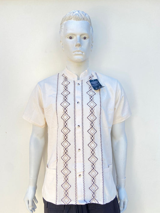 Camisa ARTESANO SOUL original, crema con bordado en hilo marrón y crema, cuello mandarín.