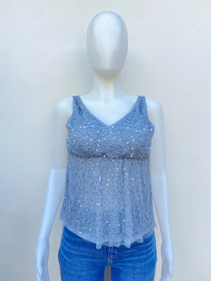 Blusa azul opaco/ gris, con lentejuelas.