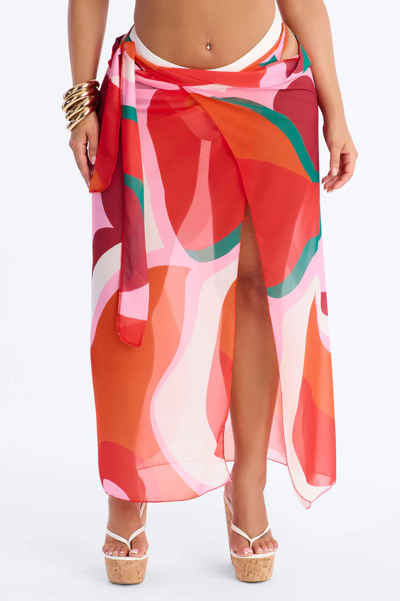 Salida de playa/ Cover Up/ Falda, naranja con rojo y multicolores.