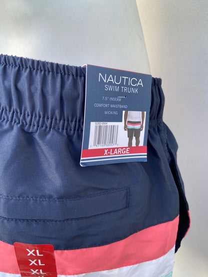 Bañador/Baggy NAUTICA  original, azul marino con rayas en color blanco, rosado y azul.