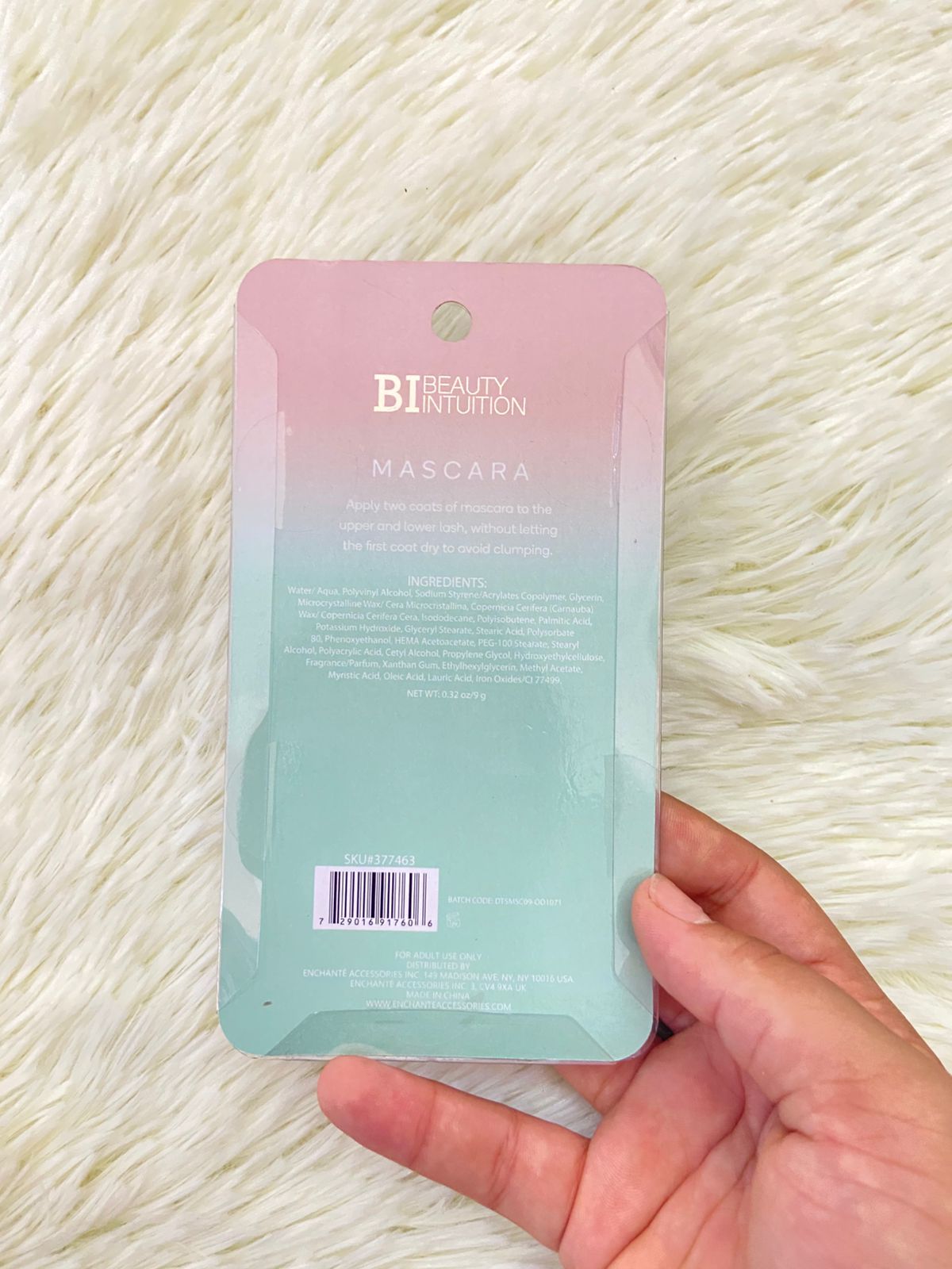 Máscara de pestañas, BI BEAUTY INTUITION, rosado con verde, SMUDGE PROOF.