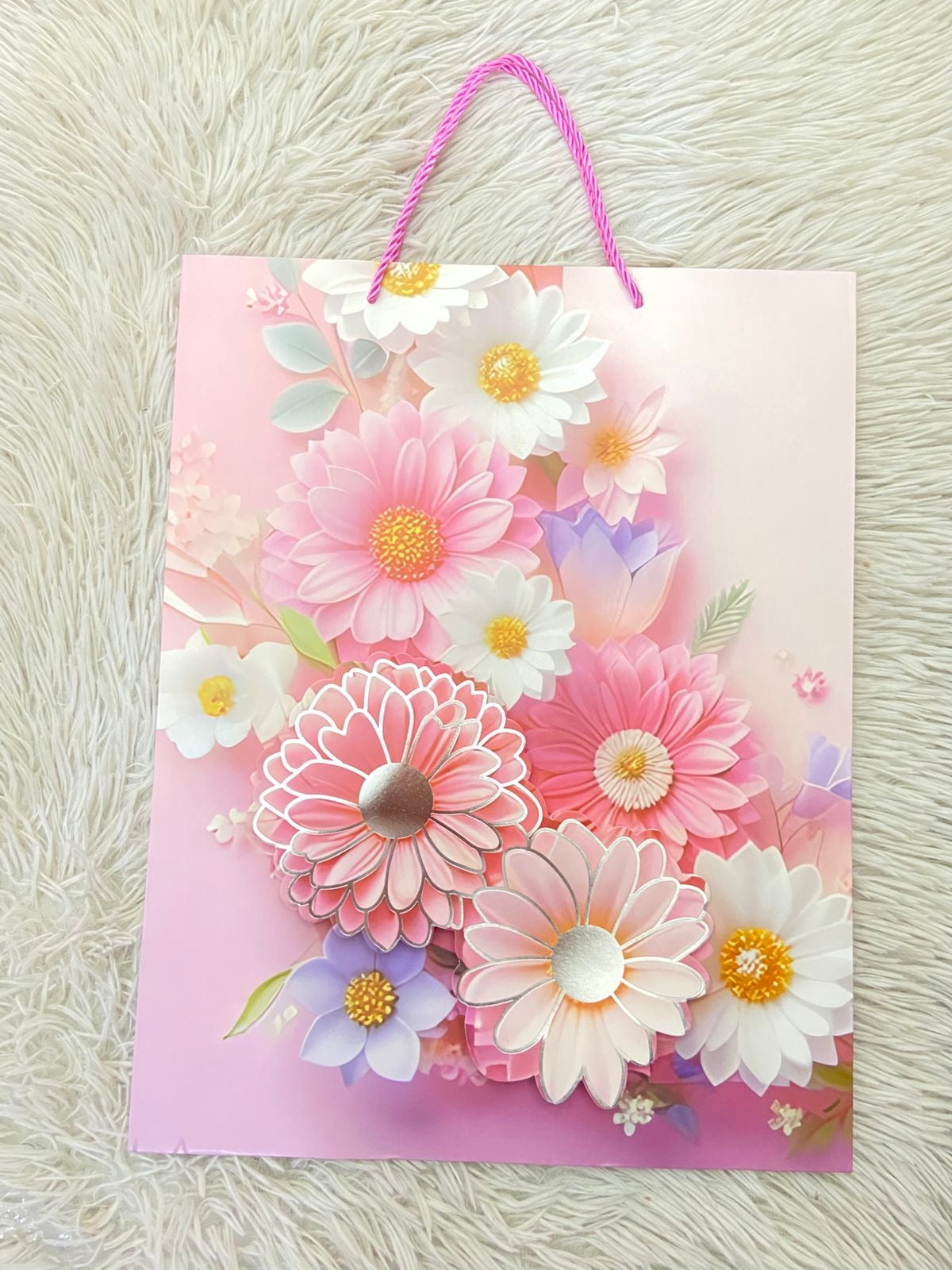 Shopping rosado con estampado de flores rosadas blancas y moradas PEQUEÑO