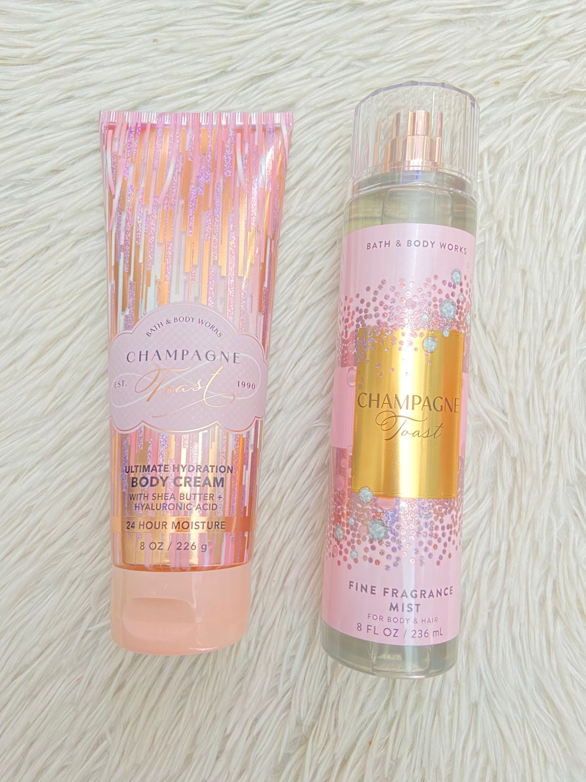 Set Bath & Body works original, CHAMPAGNE TOAST, rosada, crema y colonia.