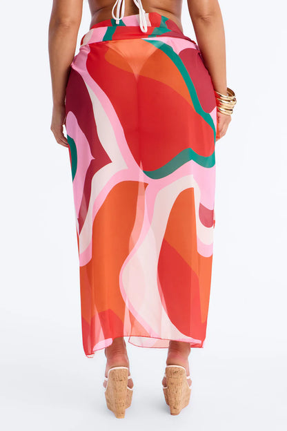 Salida de playa/ Cover Up/ Falda, naranja con rojo y multicolores.