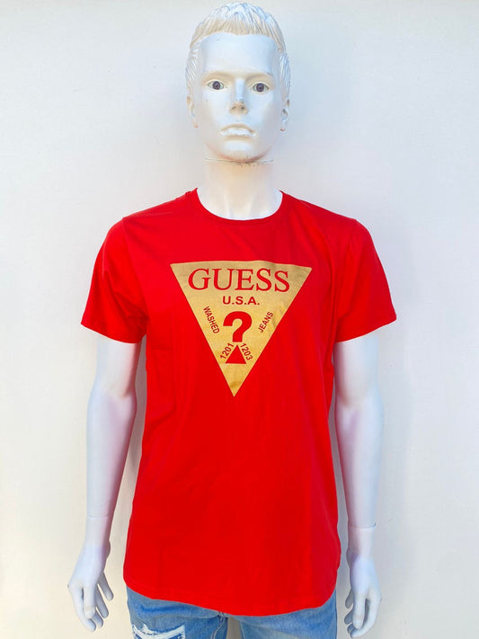 T-shirt Guess rojo Original con logotipo dorado/ Amarillo