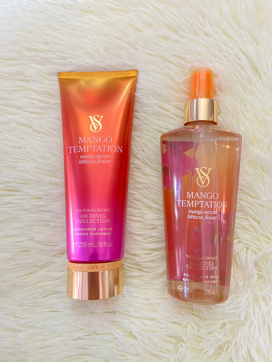 Set Victoria’s Secret original, naranja con crema y colonia, MANGO TEMPTATION, mango nectarino hibiscus FLOWER.