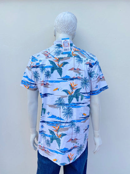 Camisa HURLEY original, blanca con estampado de palmeras, botes y playa, 98% algodón.