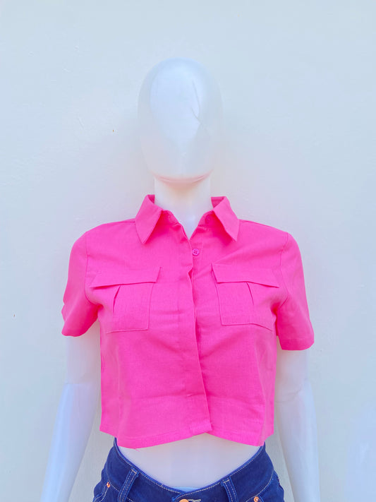Top/ Camisa, rosada con bolsillos en frente, 20% Lino.