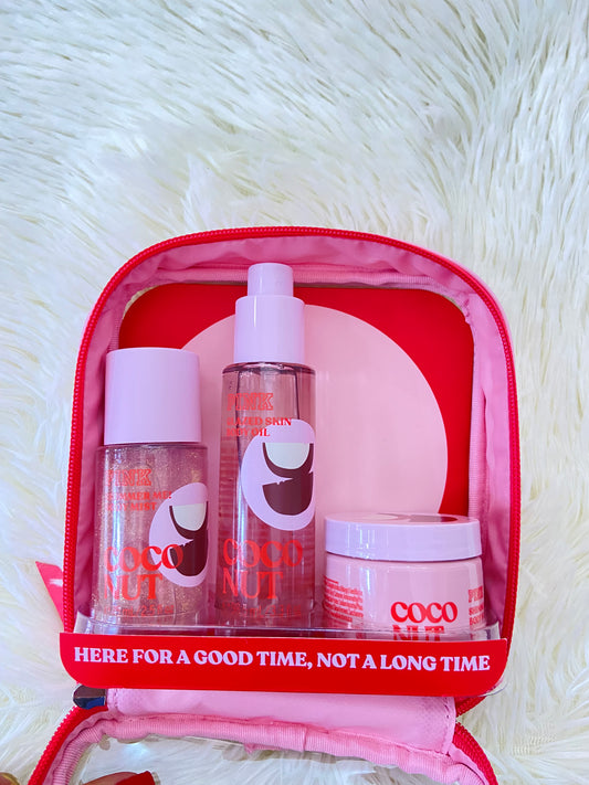 Pack PINK original, de colonia, aceite y crema minis, COCONUT rosada,con brillitos. Más el bolso