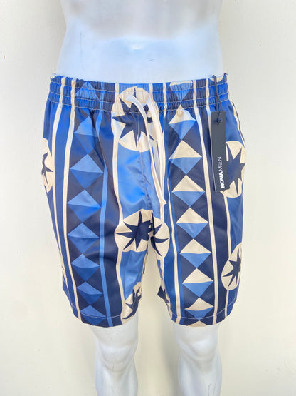 Bañador/Baggy, azul marino con crema y estampado de figuras.