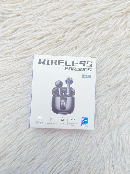 Audífonos inalámbricos WIRELESS EARBUDS A 9 original, negro con cable  tipo C, conexión vía Bluetooth, carga duradera.