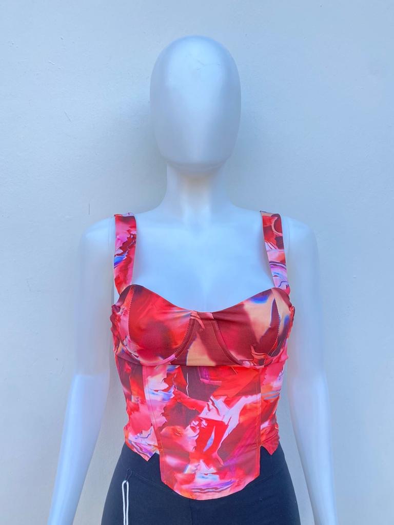 Top Fashion Nova Original, estampado colorido, con tiras, color Pink/combo (anaranjado)