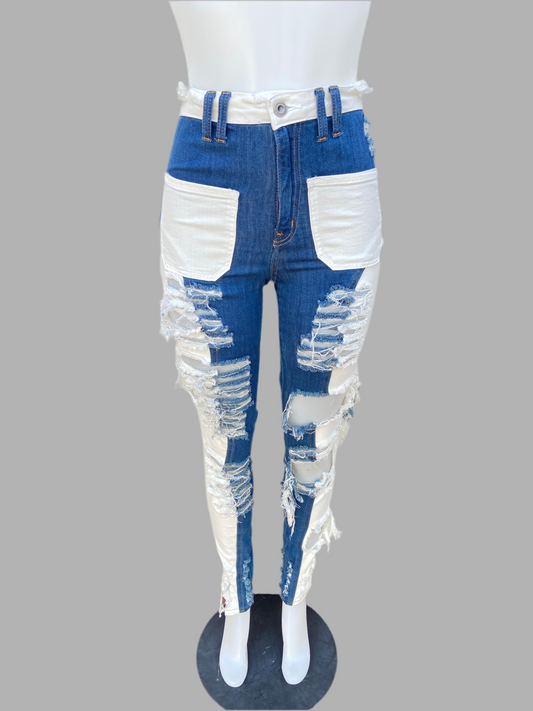 Pantalon Jean Fashion Nova original azul marino y blanco con rasgados