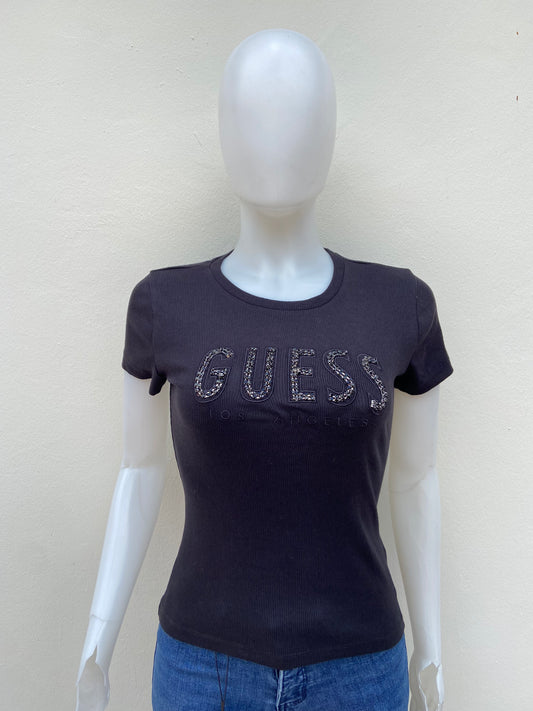 T-shirt GUESS original, negro con letras en piedras GUESS LOS ÁNGELES.