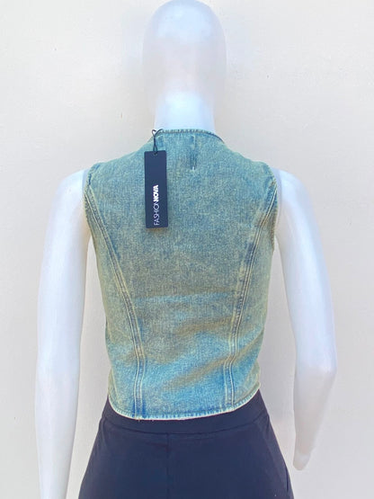 Top/Corset jean con degradado amarillo y botones al frente en color plateado.