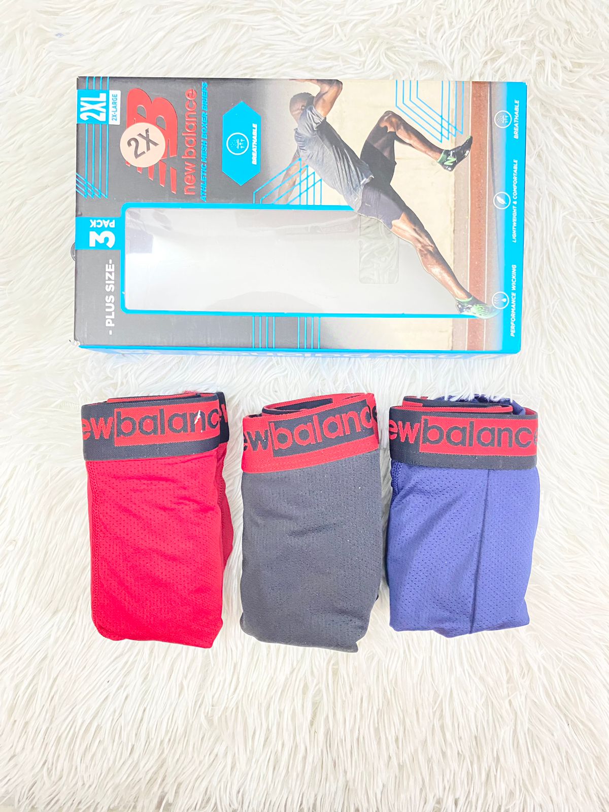 Boxers New Balance original, pack de 3 en rojo, azul y negro.