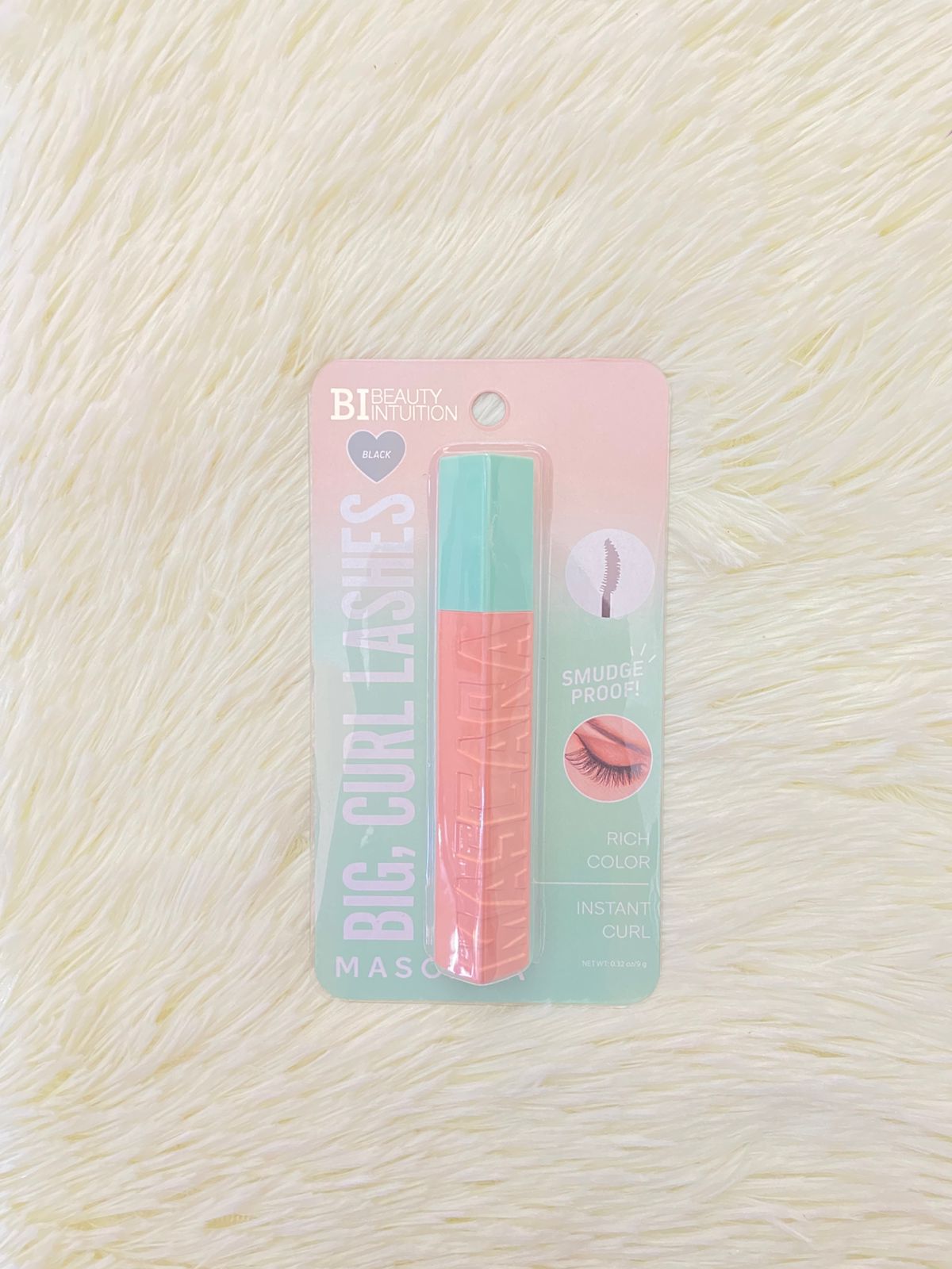 Máscara de pestañas, BI BEAUTY INTUITION, rosado con verde, SMUDGE PROOF.