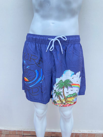 Bañador/Baggy, ED HARDY original azul marino con estampado de palmera y arcoíris.