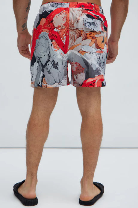 Bañador/Baggy, rojo con gris y estampado de animes.