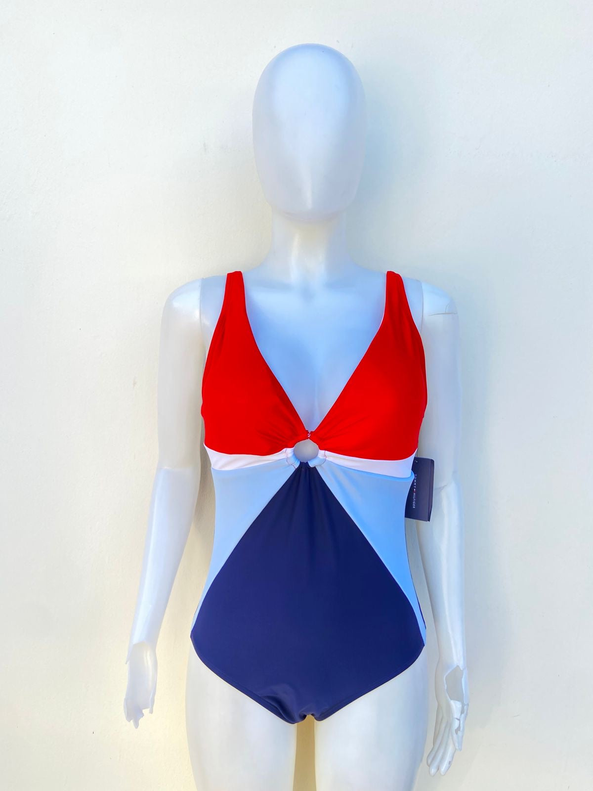 Biquini TOMMY HILFIGER original, ajustable, azul marino con azul claro, rojo y blanco.