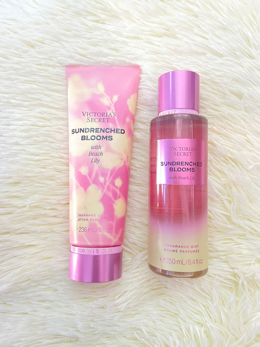 Set Victoria’s Secret original, rosado con crema, colonia y crema, SUNDRENCHED BLOOMS.