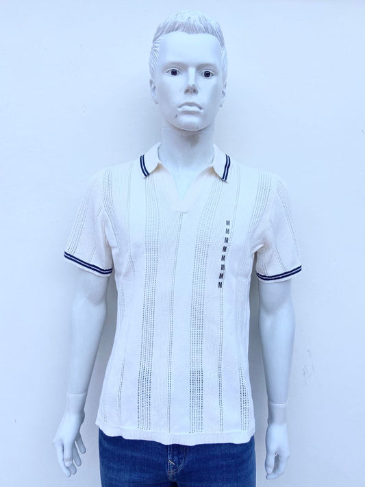 Polocher / Sueter 55% algodón AEROPOSTALE  Original de mayas en color blanco/crema con lineas en el cuello y mangas en color azul marino.