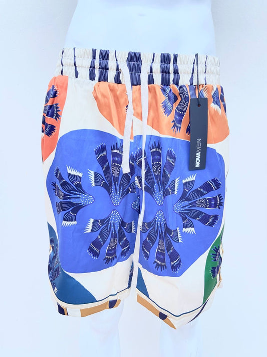 Bañador/Baggy con estampado de colores llamativos, Azul naranja y crema y diseño de plumas.