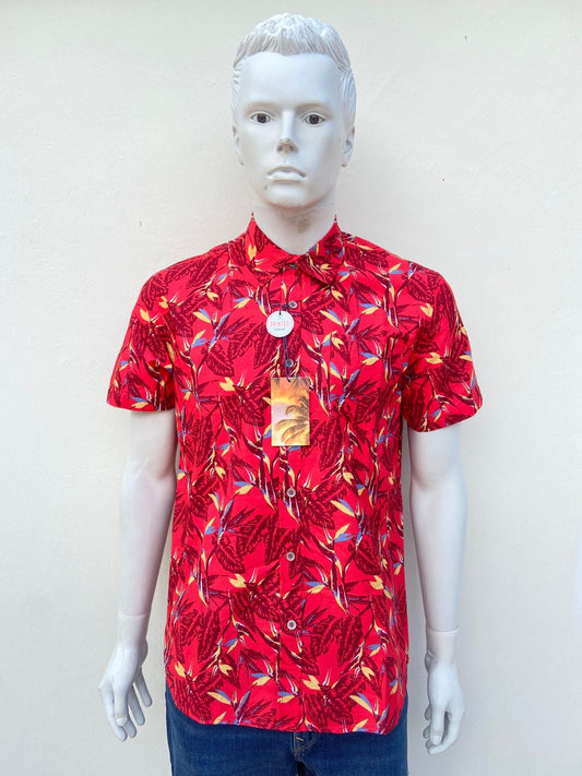Camisa MBX PREMIUM GOODS original, roja con estampado de palmeras y hojas, 100% algodón.