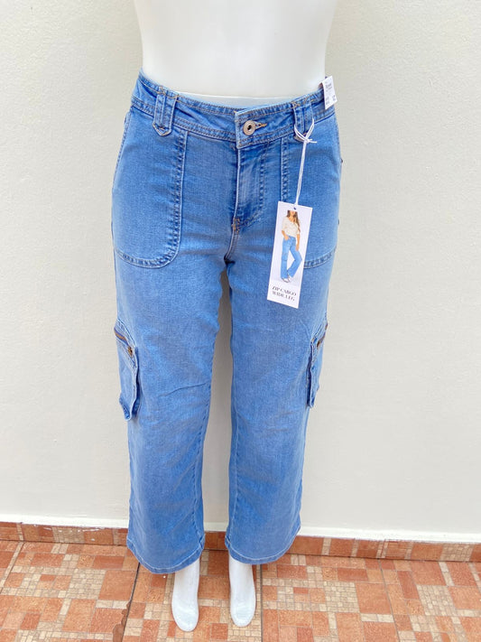 Pantalón Jean RE GENERATION original azul claro, estilo cargo.