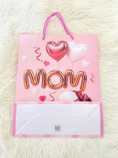 Shopping, rosado con letras MOM en dorado y regalo con cinta roja, MEDIANO.