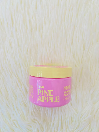 Pack PINK original, de tres colonia, aceite y crema minis PINEAPPLE,con brillitos. Más el bolso