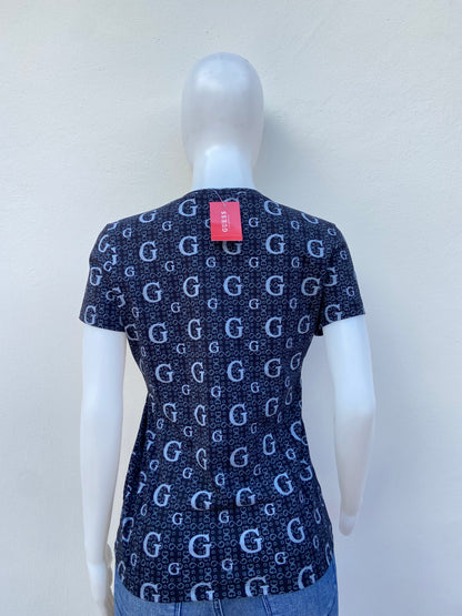 T-shirt GUESS original, negro con estampado de letras G en color gris.