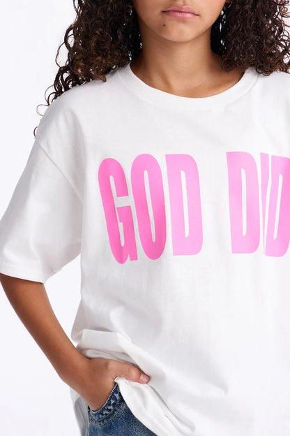T-shirt, blanco con letras GOD DID en rosado ( Dios lo hizo ).