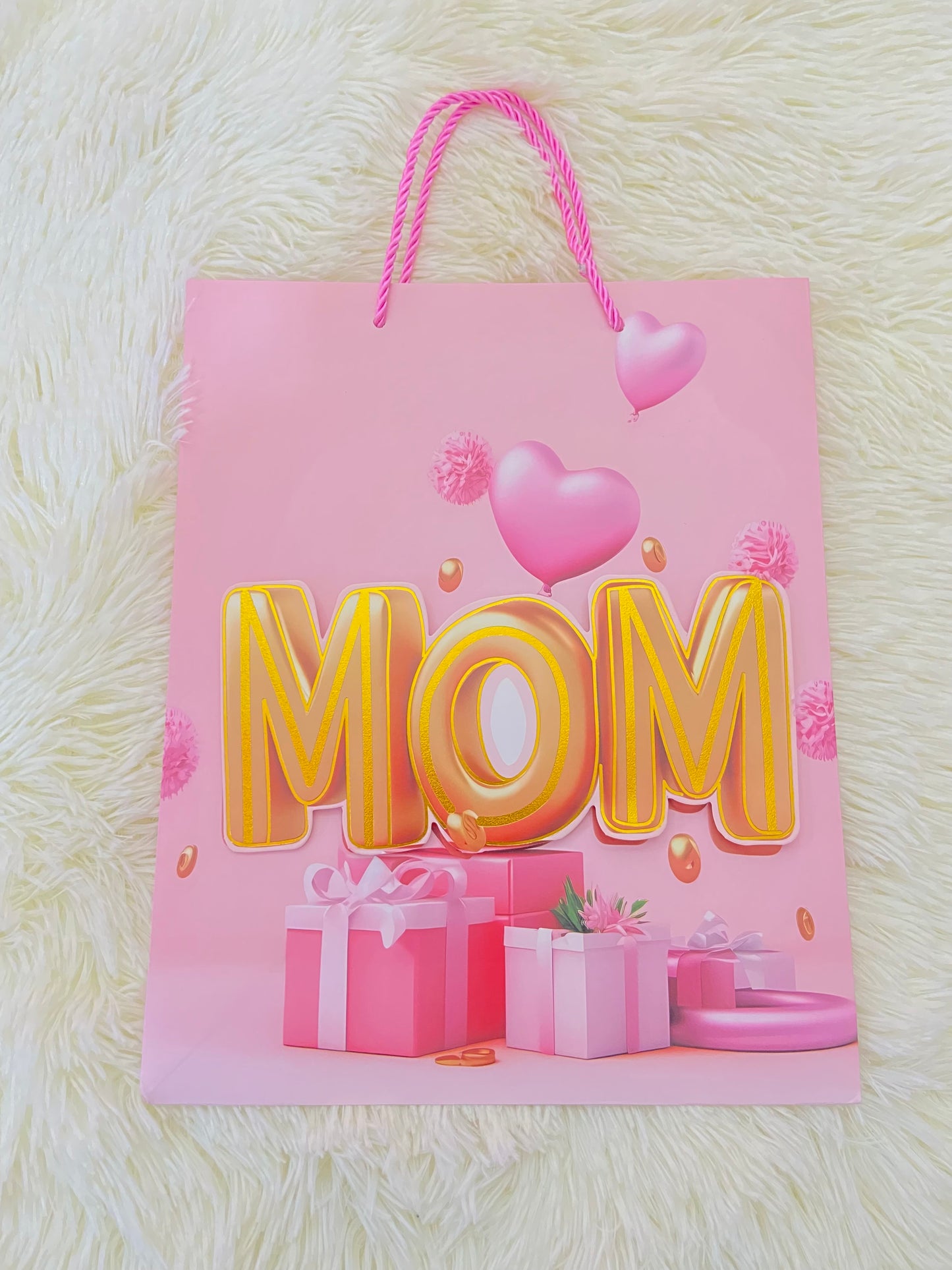 Shopping, rosado con letras MOM en dorado y regalos rosados, MEDIANO.