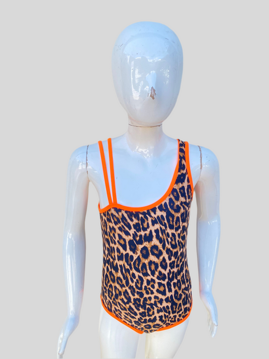 Biquini Traje de baño niñas animal print con lasos naranja neón