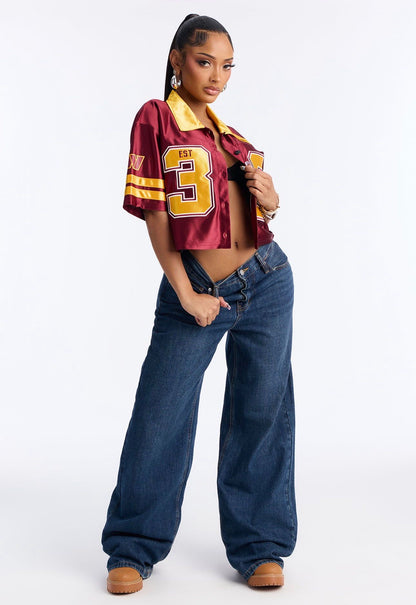 Top NFL original, rojo vino con el número 32 en color amarillo.