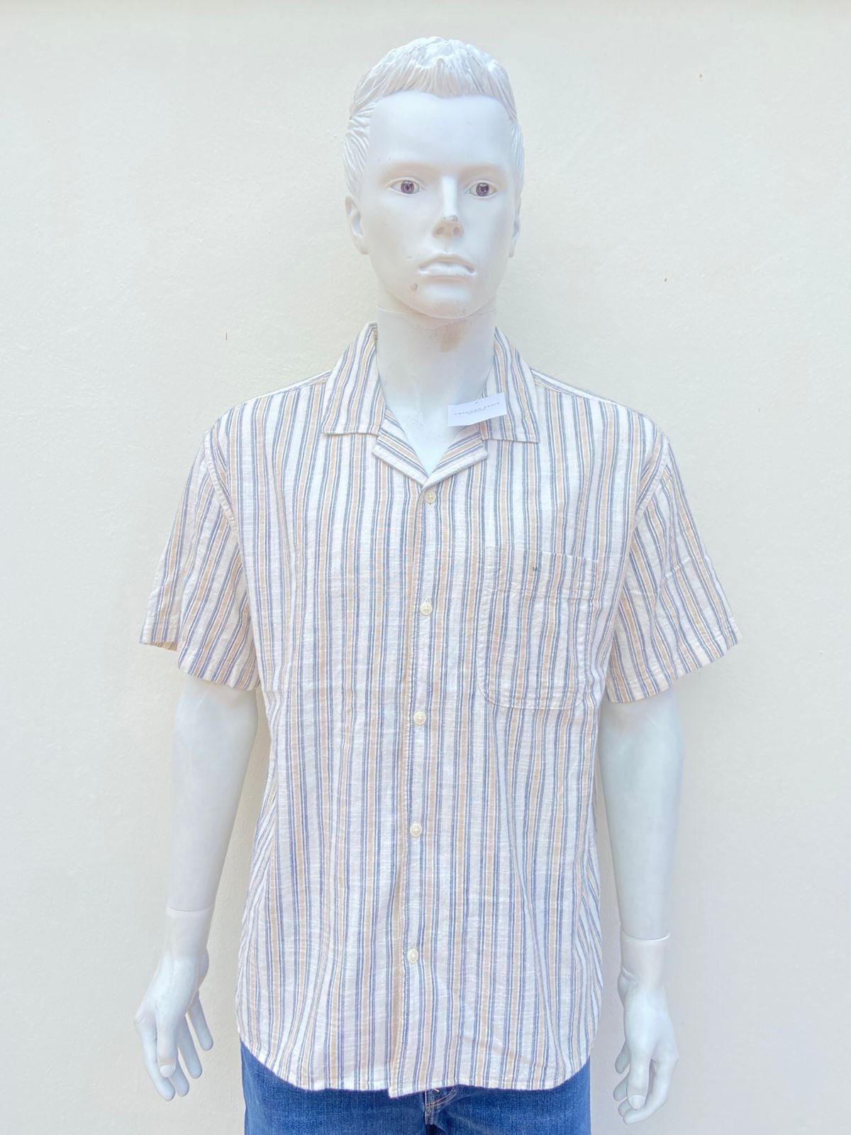 Camisa AMERICAN EAGLE original, beige con rayas en color marrón y azul marino, 100% algodón.