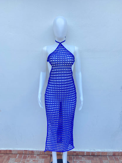 Vestido/ Cover up azul oscuro con brillos y abierto a en los lados, largo.