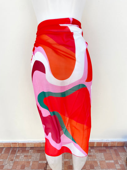 Salida de playa/ Cover Up/ Falda, naranja con rojo y multicolores.