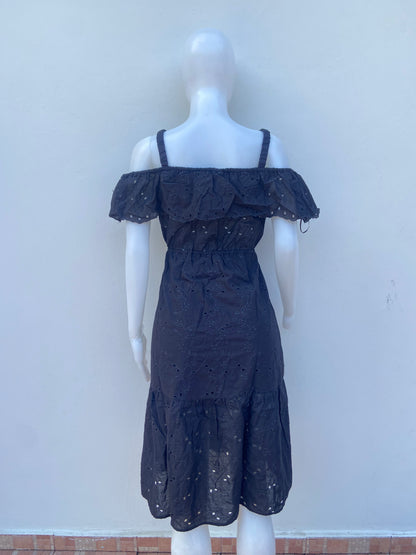 Vestido 100% algodón orgánico HAUTE MONDE original, negro con bordado de flores, agua lluvia.