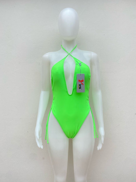 Biquini Yira Sportwear Original, verde neón con abierto en el centro y lazo ajustable en la parte superior y en los lados.