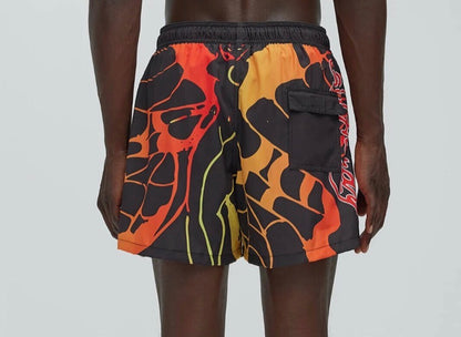 Bañador/Baggy, ED HARDY original negro con estampado de lava, leopardo en color naranja y rojo.