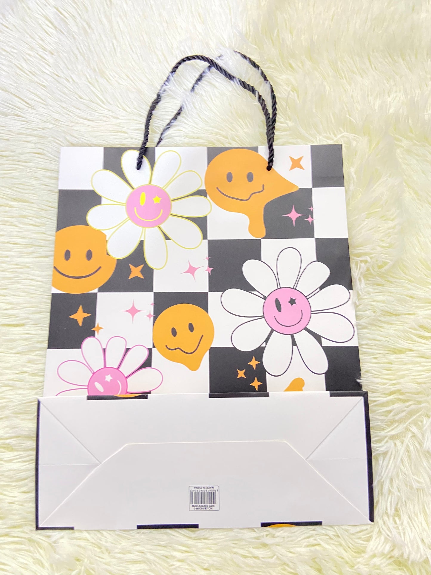 Shopping, blanco con cuadros y carita felices, MEDIANO.