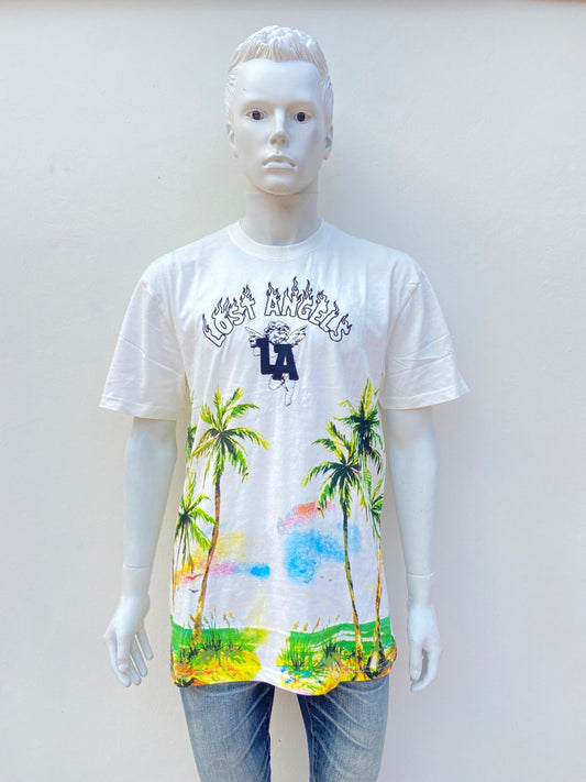 T-shirt crema con estampado de palmeras y letras arriba LOS ANGELES, LA