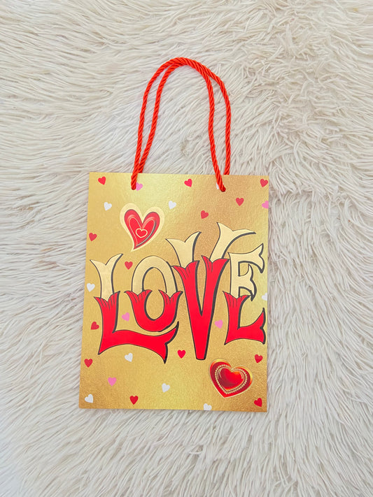 Shopping, dorado con letras LOVE en rojo, PEQUEÑO.