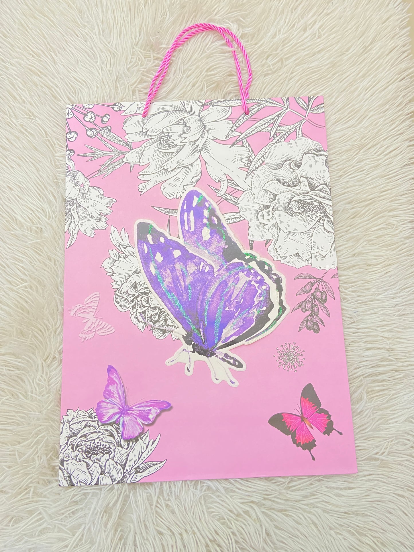 Shopping, rosado con estampado de mariposa en color morado, GRANDE.