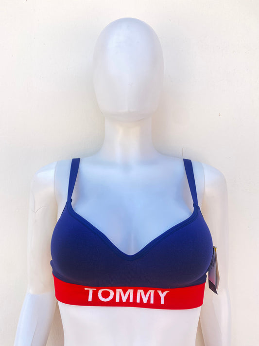 Bra top Tommy Hilfiger original, azul con borde rojo y letra de la marca, Hilfiger.