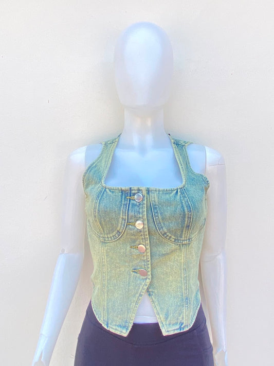 Top/Corset jean con degradado amarillo y botones al frente en color plateado.